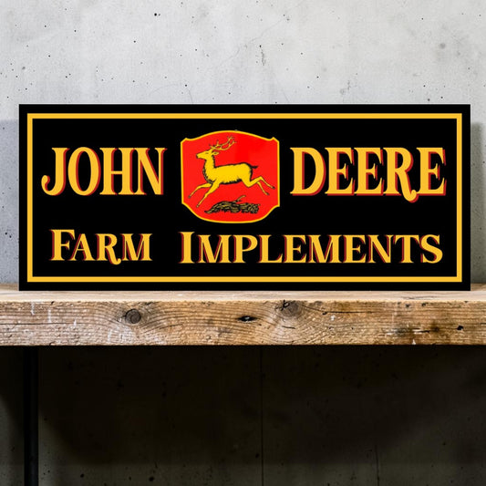 Retro-style handmade aluminum John Deere Farm Implement sign for tractors, garages, and toolboxes.