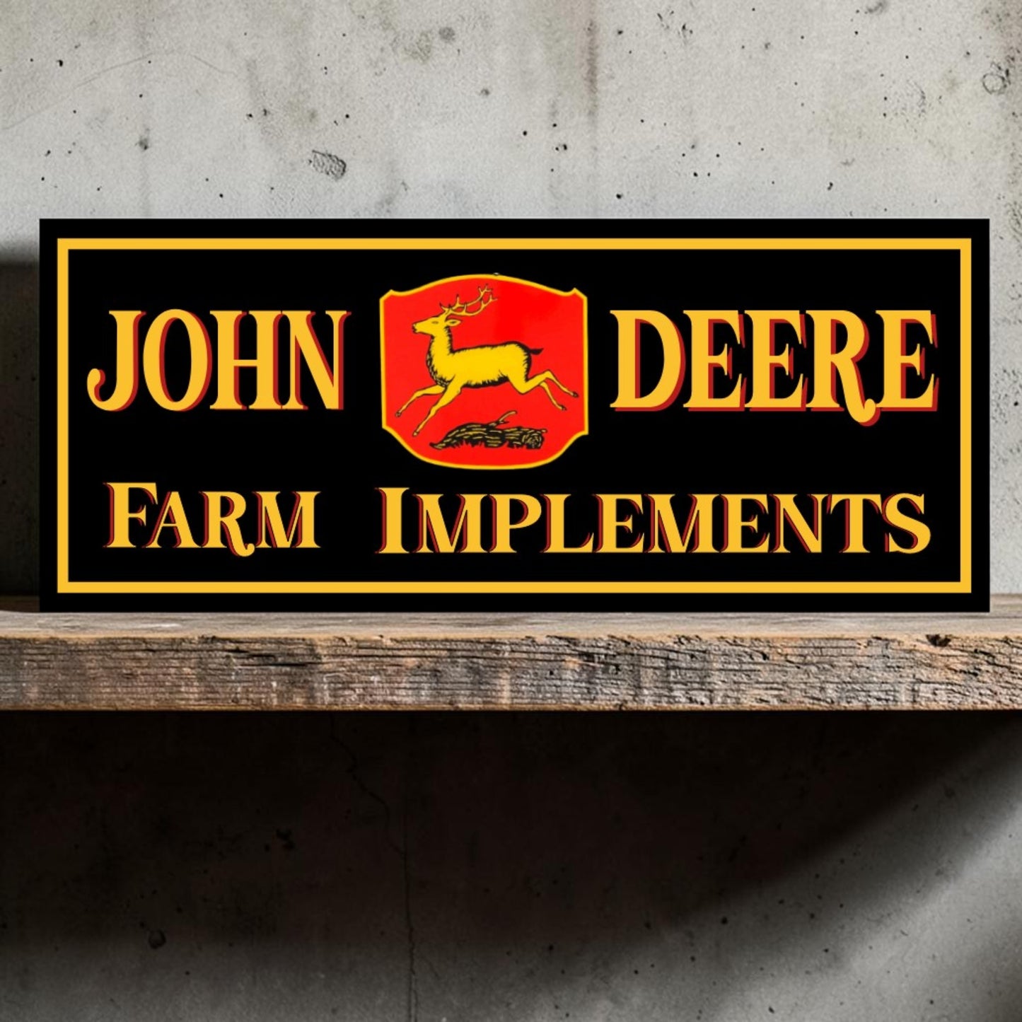 Retro-style handmade aluminum John Deere Farm Implement sign for tractors, garages, and toolboxes.