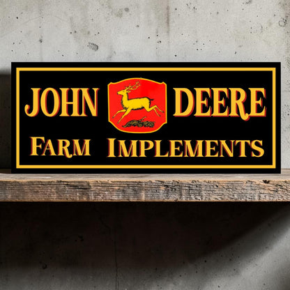 Retro-style handmade aluminum John Deere Farm Implement sign for tractors, garages, and toolboxes.