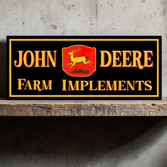 Retro-style handmade aluminum John Deere Farm Implement sign for tractors, garages, and toolboxes.