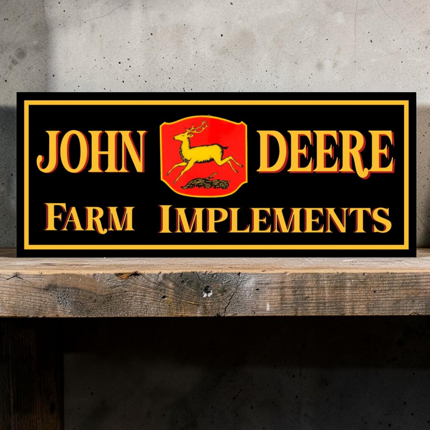 Retro-style handmade aluminum John Deere Farm Implement sign for tractors, garages, and toolboxes.
