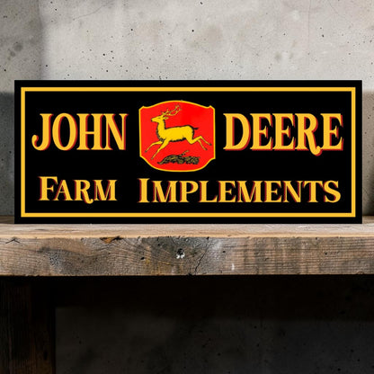 Retro-style handmade aluminum John Deere Farm Implement sign for tractors, garages, and toolboxes.