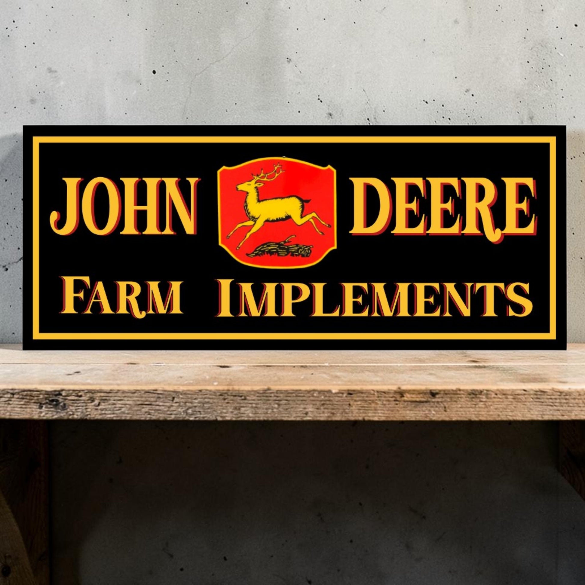 Retro-style handmade aluminum John Deere Farm Implement sign for tractors, garages, and toolboxes.
