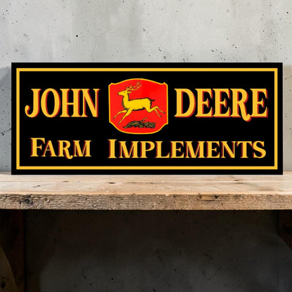 Retro-style handmade aluminum John Deere Farm Implement sign for tractors, garages, and toolboxes.