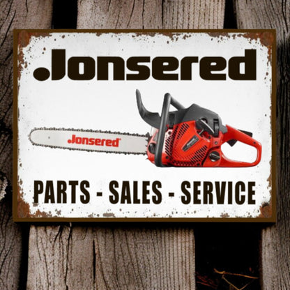 Jonsered chainsaw on a sign with 'Parts - Sales - Service' text on a wooden background