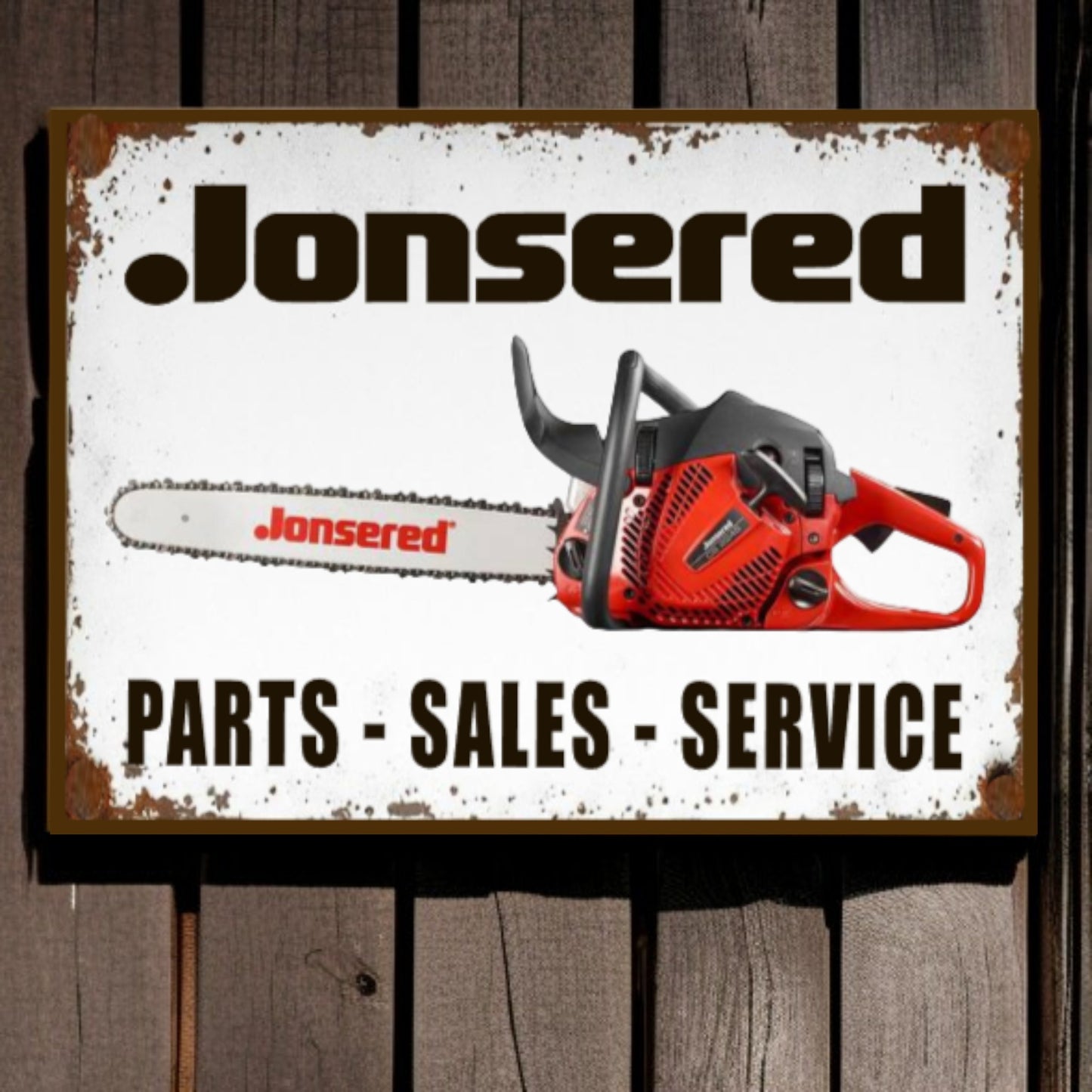 Jonsered chainsaw sign with text 'Parts - Sales - Service' on a wooden background