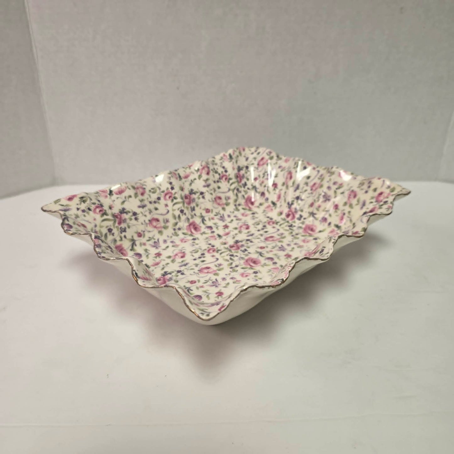 Elegant James Kent Chelsea Rose chintz serving dish with a beautiful scalloped edge.