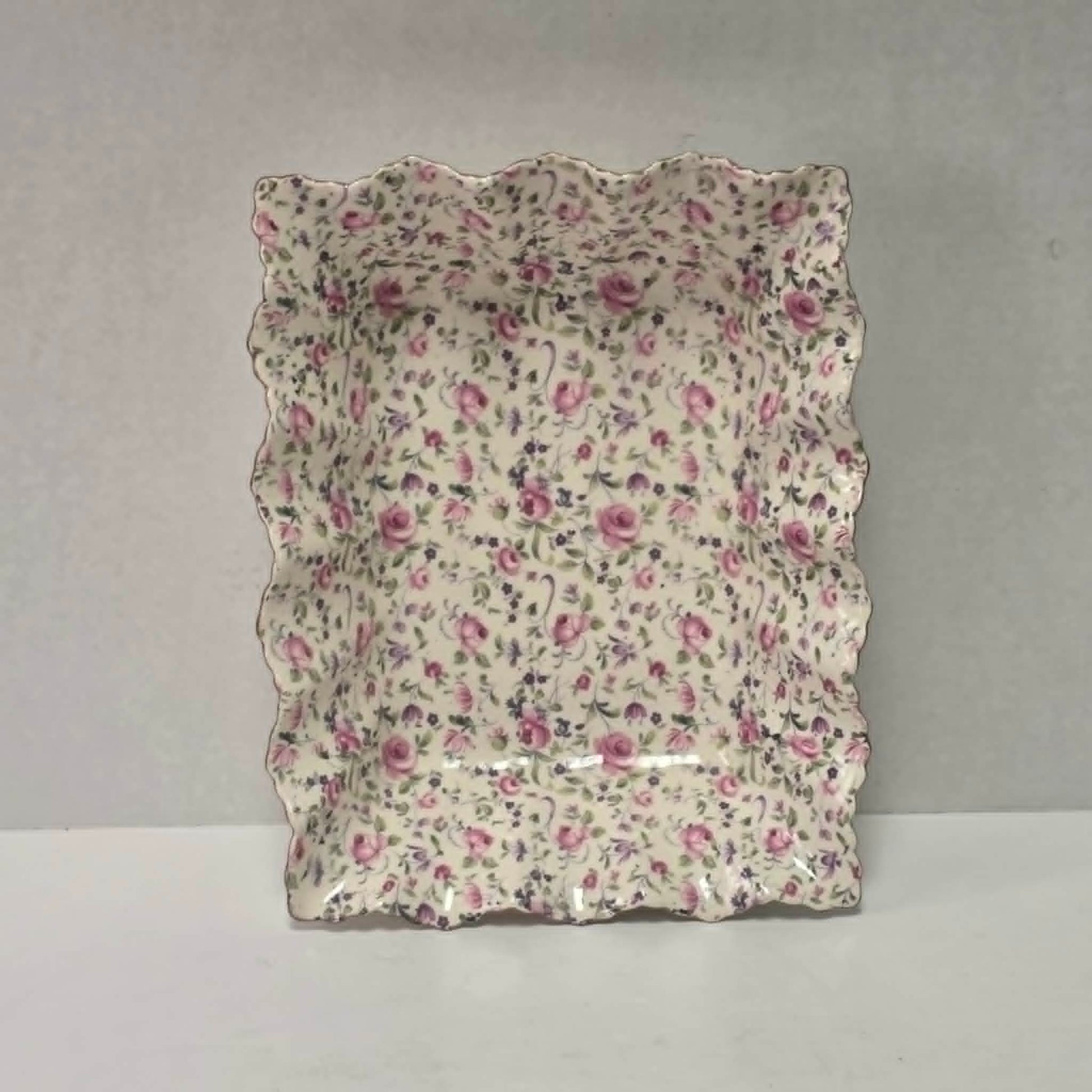 Elegant James Kent Chelsea Rose chintz serving dish with a beautiful scalloped edge.