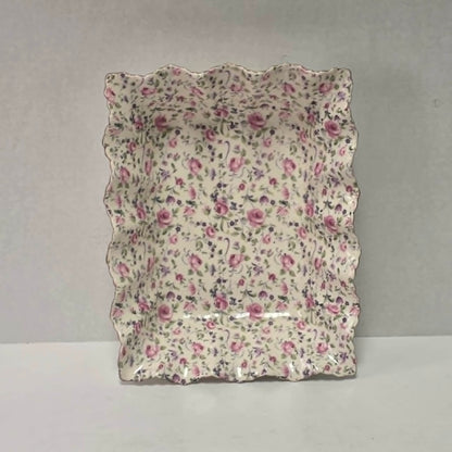Elegant James Kent Chelsea Rose chintz serving dish with a beautiful scalloped edge.