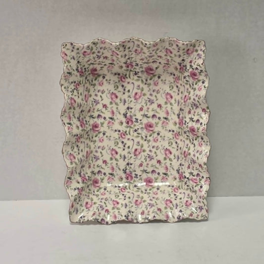 Elegant James Kent Chelsea Rose chintz serving dish with a beautiful scalloped edge.