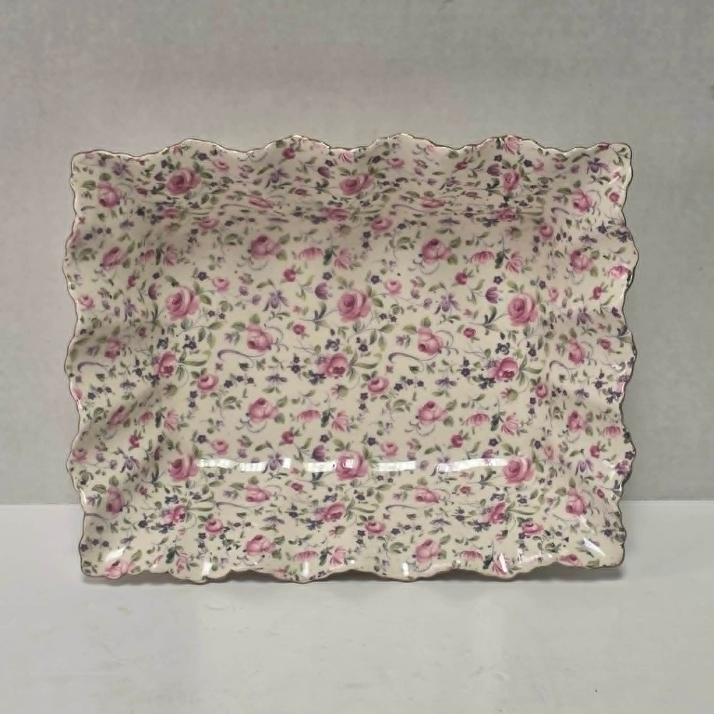 Elegant James Kent Chelsea Rose chintz serving dish with a beautiful scalloped edge.
