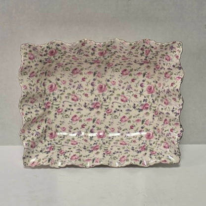 Elegant James Kent Chelsea Rose chintz serving dish with a beautiful scalloped edge.
