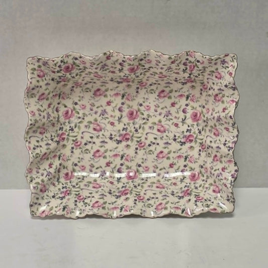 Elegant James Kent Chelsea Rose chintz serving dish with a beautiful scalloped edge.
