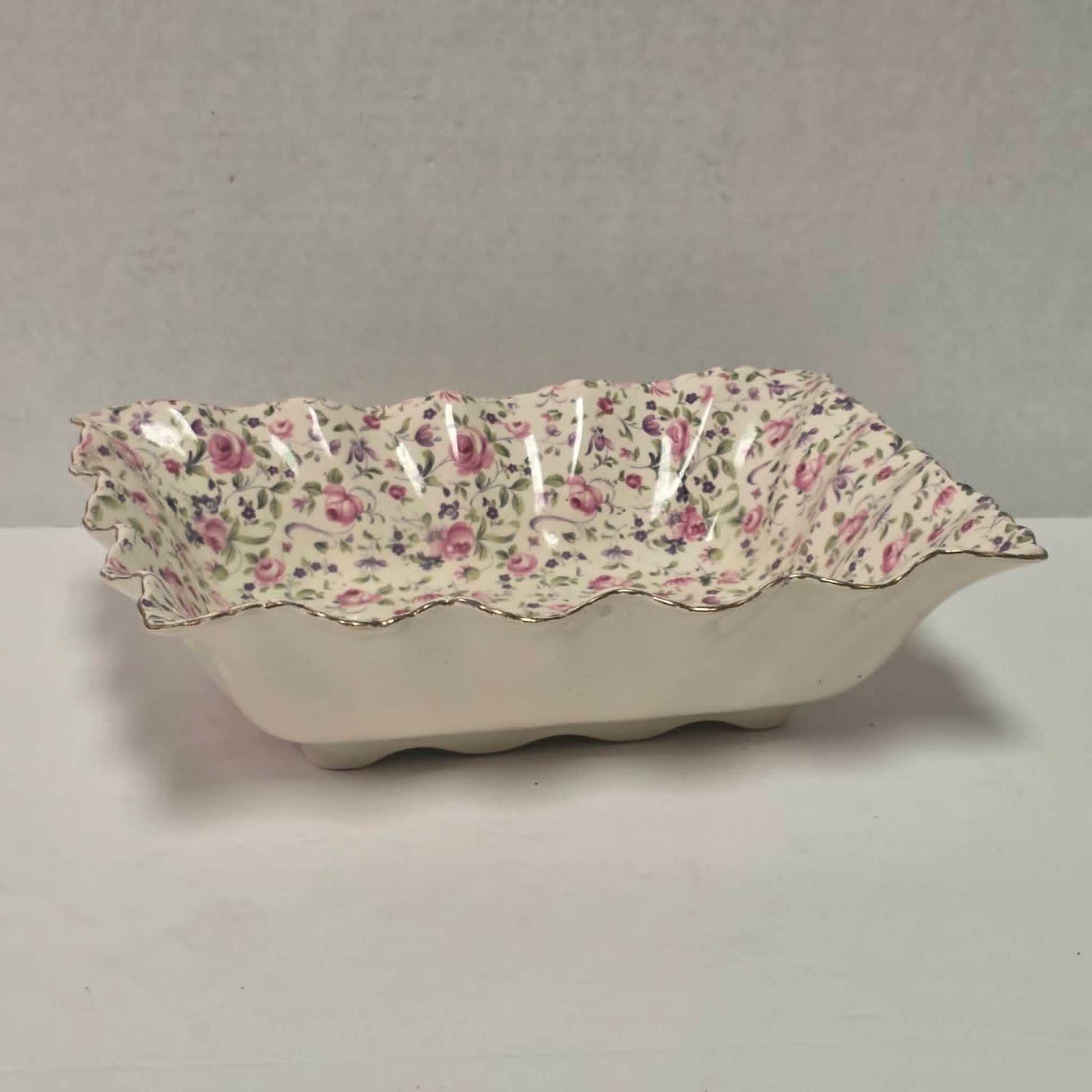 Elegant James Kent Chelsea Rose chintz serving dish with a beautiful scalloped edge.