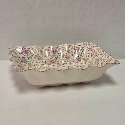 Elegant James Kent Chelsea Rose chintz serving dish with a beautiful scalloped edge.