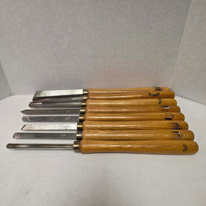 A rare signed set of eight Józef Gajka European woodturning chisels showcasing traditional Polish toolmaking craftsmanship.