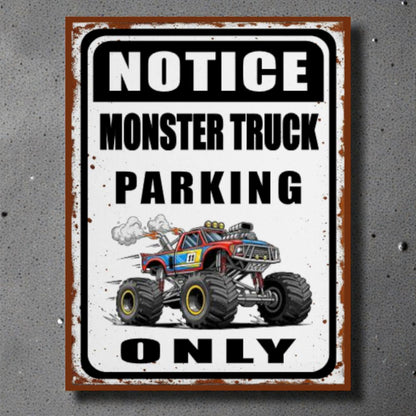 Metal sign with a monster truck graphic and text on a gray background
