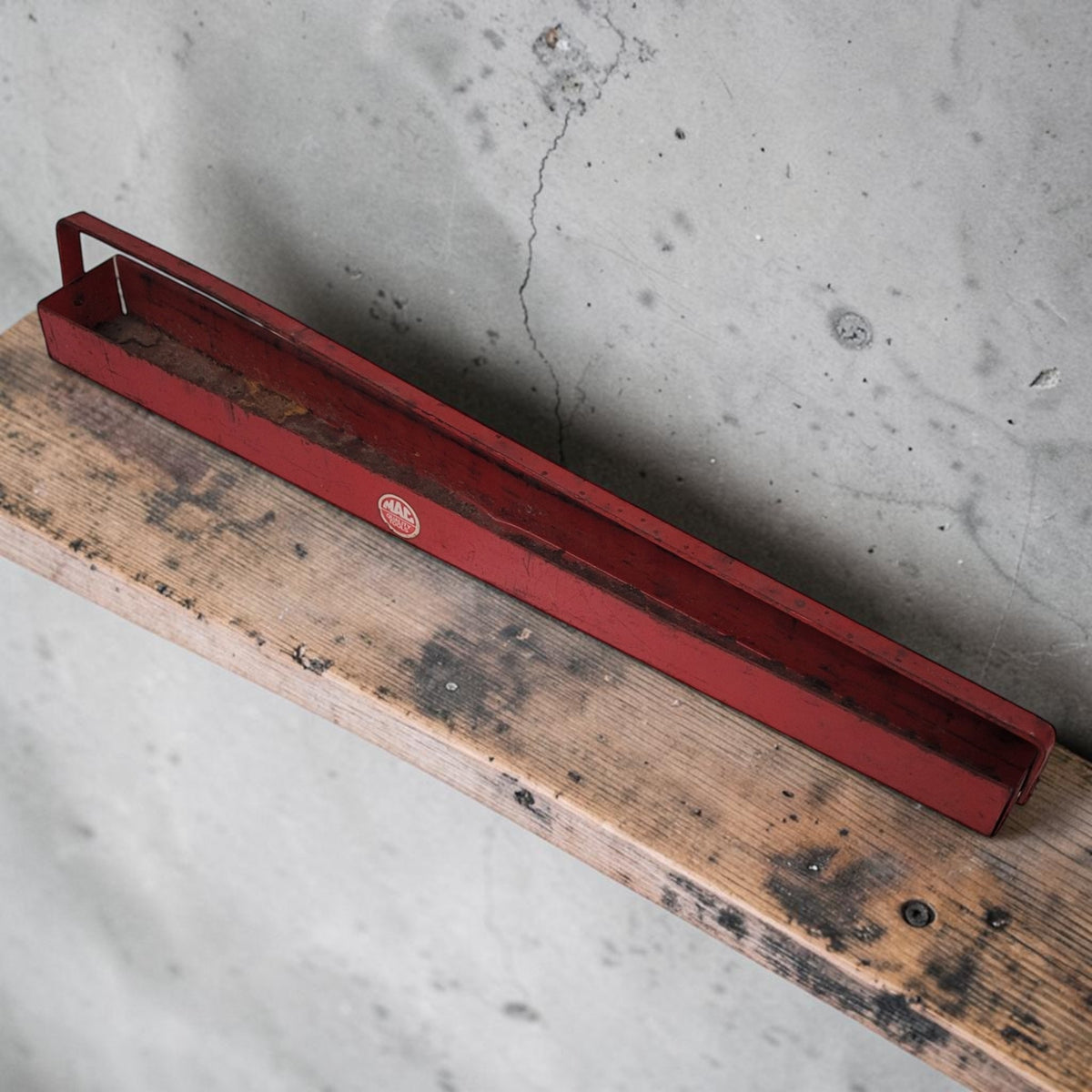 Vintage MAC Tools toolbox side hanger socket tray holder for mechanic tool storage.
