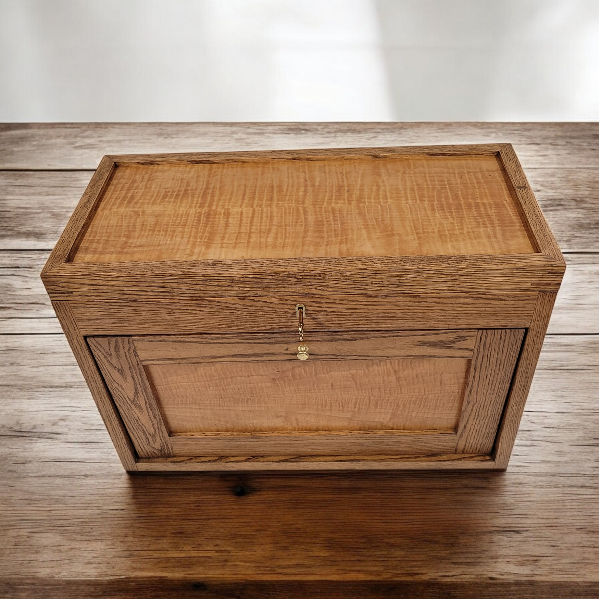 Hand Crafted Tiger Maple And Oak 6 Drawer Machinists Toolbox With Locking Front