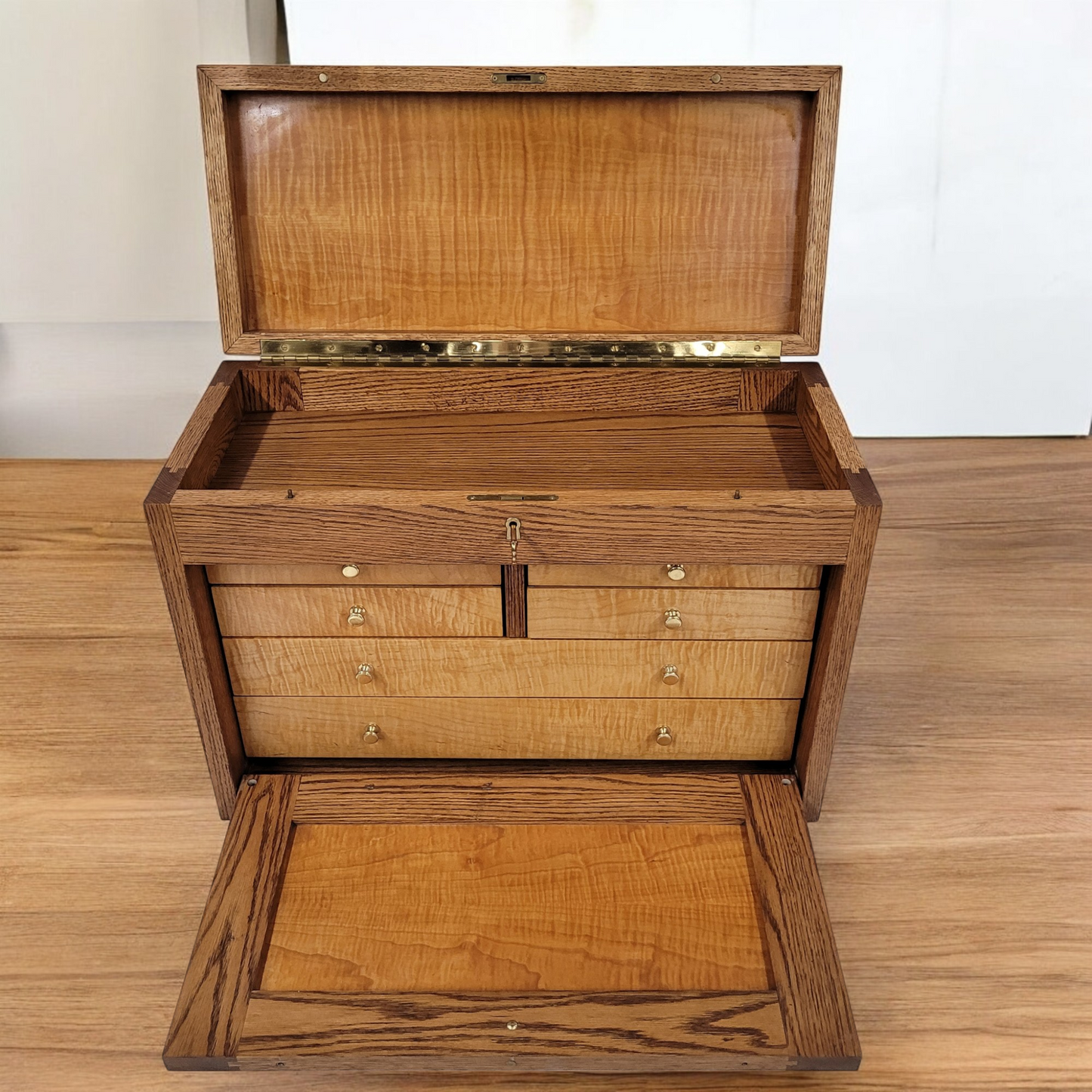 Hand Crafted Tiger Maple And Oak 6 Drawer Machinists Toolbox With Locking Front