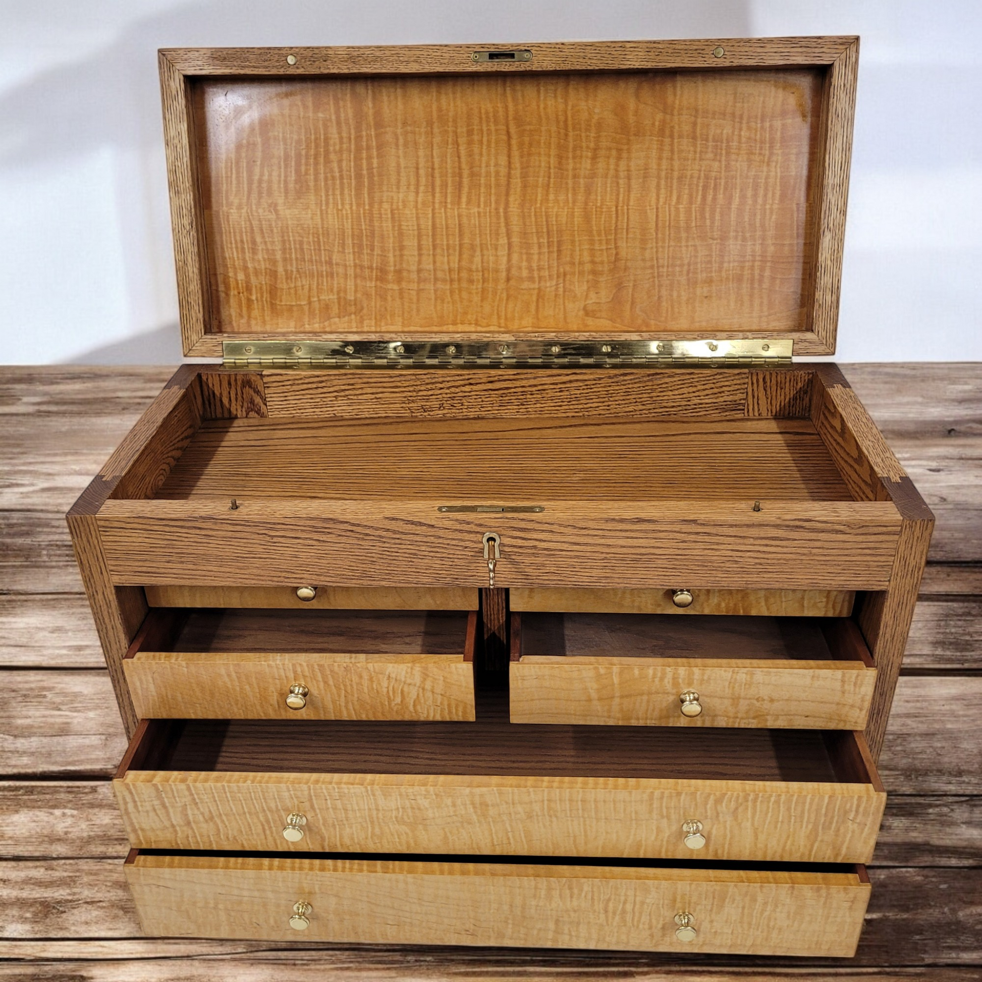 Hand Crafted Tiger Maple And Oak 6 Drawer Machinists Toolbox With Locking Front