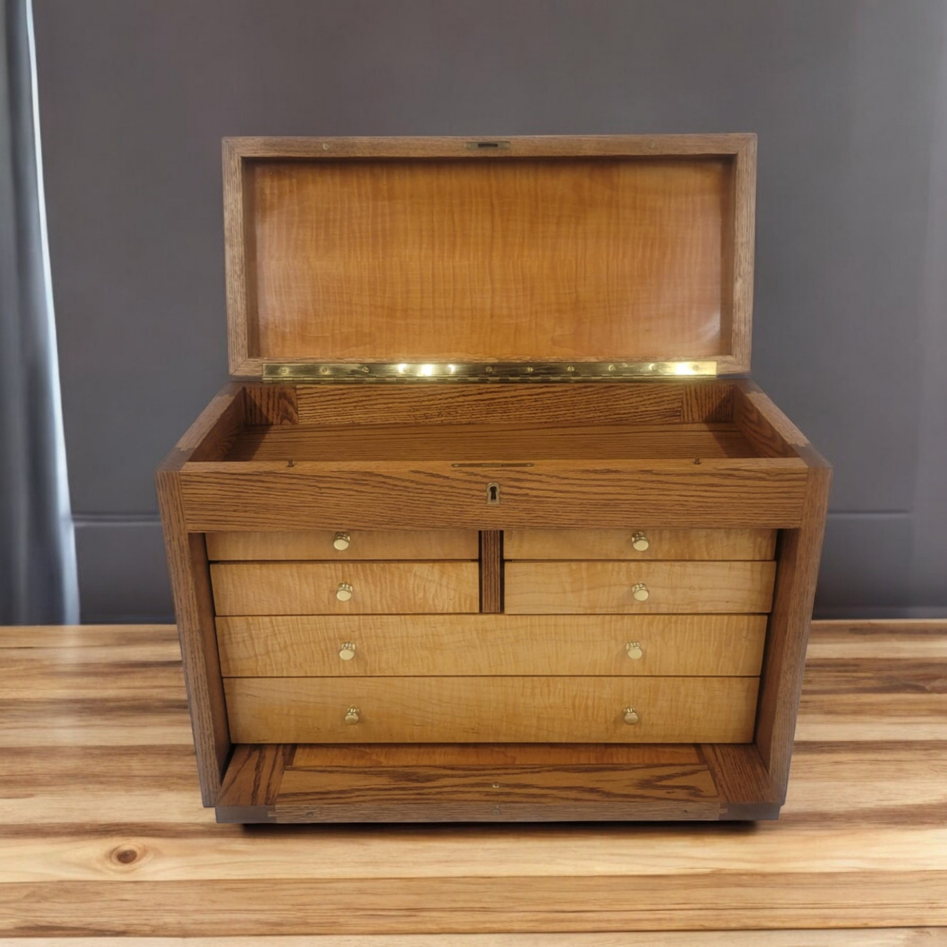 Hand Crafted Tiger Maple And Oak 6 Drawer Machinists Toolbox With Locking Front