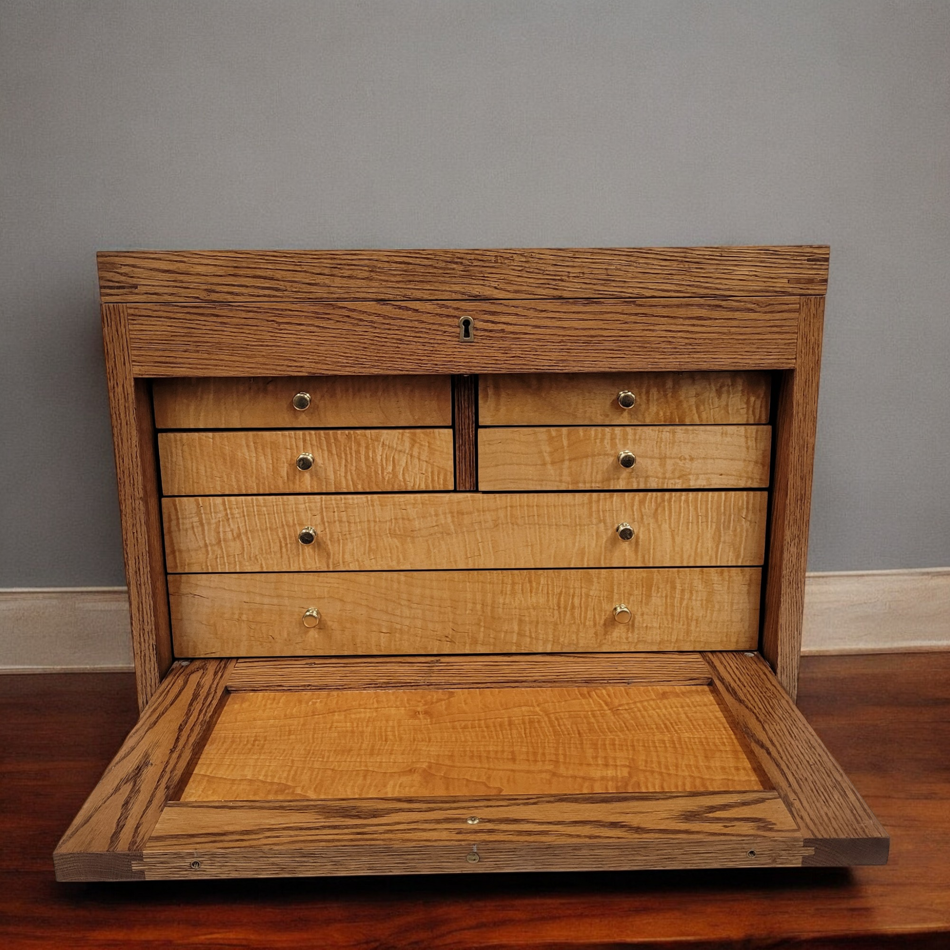 Hand Crafted Tiger Maple And Oak 6 Drawer Machinists Toolbox With Locking Front