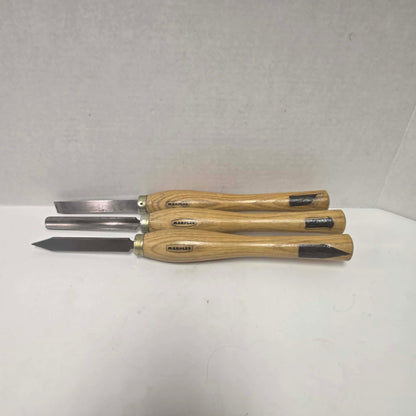 Three vintage Marples woodturning chisels including gouge, parting tool, and turning chisel.