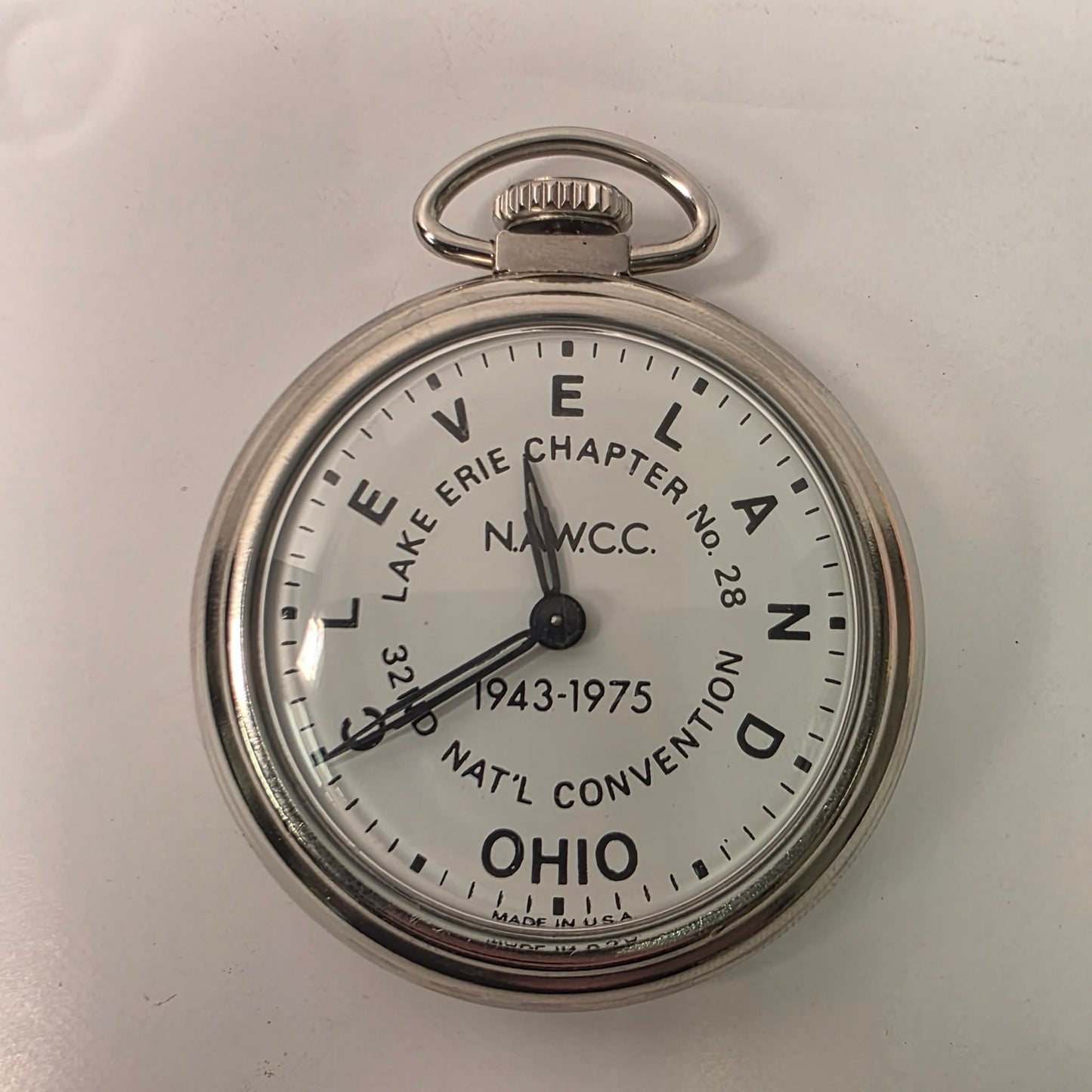 Vintage NAWCC Lake Erie Chapter 28 pocket watch in original cardboard packaging, 32nd National Convention Ohio, mint condition collectible watch.