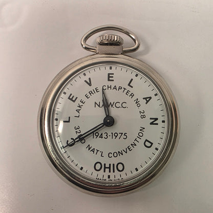 Vintage NAWCC Lake Erie Chapter 28 pocket watch in original cardboard packaging, 32nd National Convention Ohio, mint condition collectible watch.