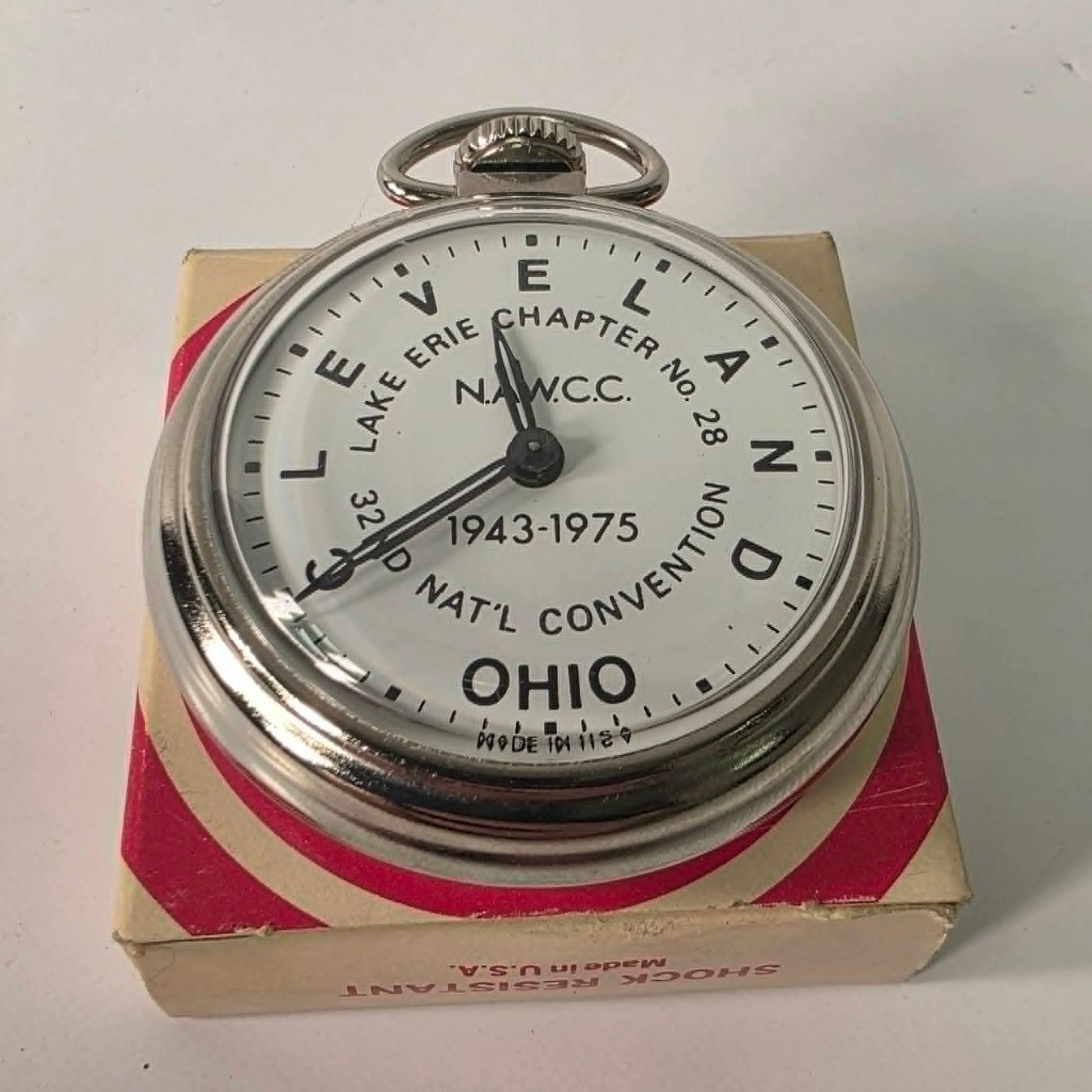 Vintage NAWCC Lake Erie Chapter 28 pocket watch in original cardboard packaging, 32nd National Convention Ohio, mint condition collectible watch.