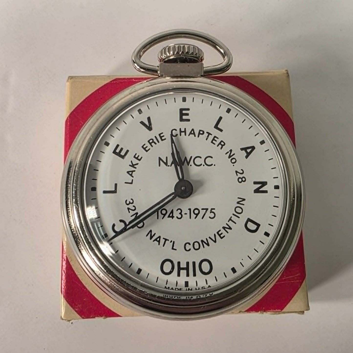 Vintage NAWCC Lake Erie Chapter 28 pocket watch in original cardboard packaging, 32nd National Convention Ohio, mint condition collectible watch.