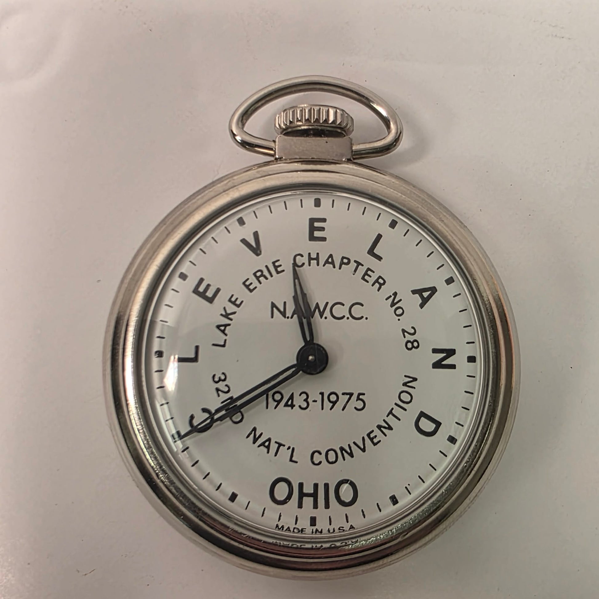 Vintage NAWCC Lake Erie Chapter 28 pocket watch in original cardboard packaging, 32nd National Convention Ohio, mint condition collectible watch.
