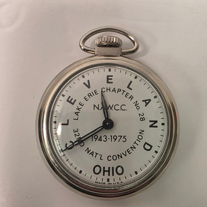 Vintage NAWCC Lake Erie Chapter 28 pocket watch in original cardboard packaging, 32nd National Convention Ohio, mint condition collectible watch.