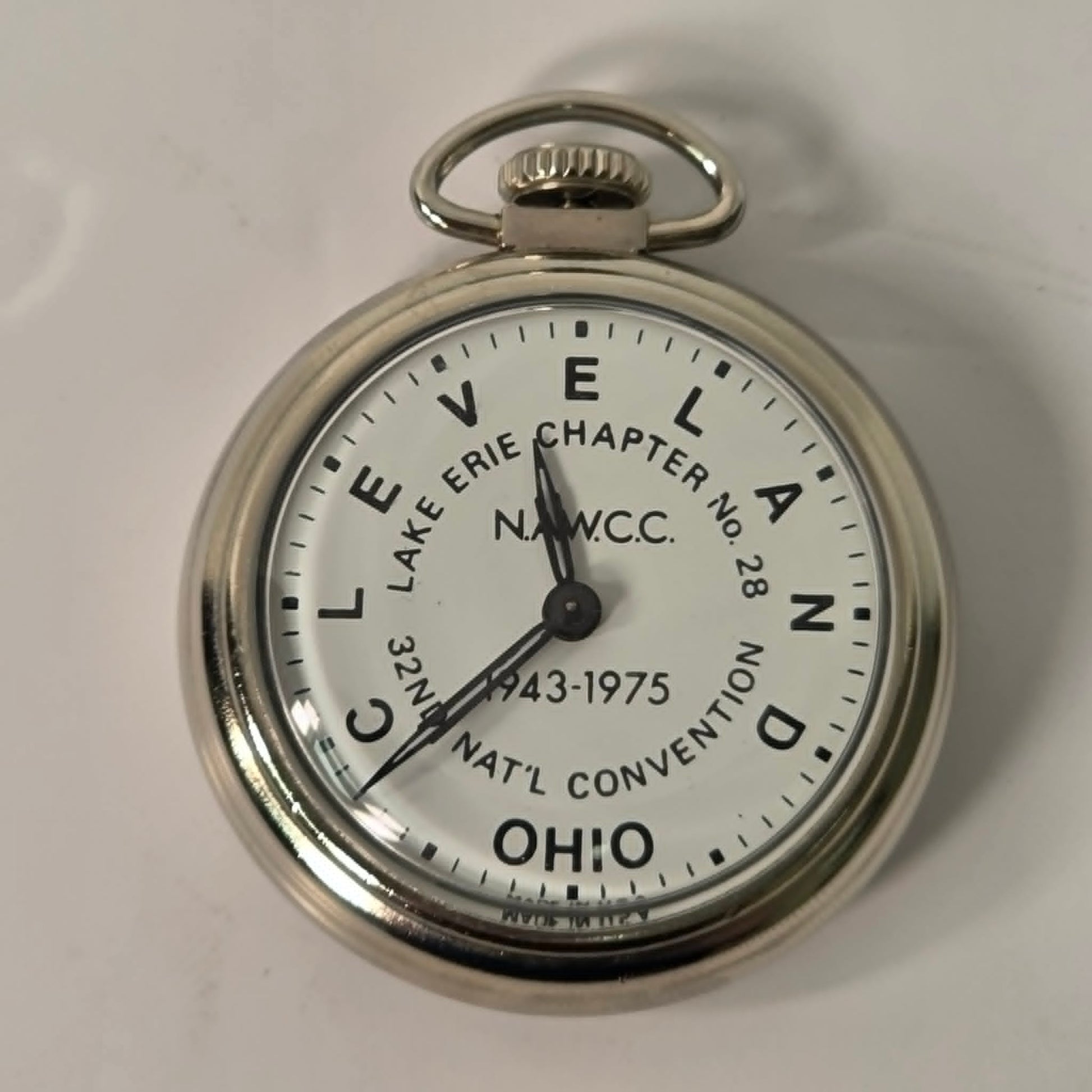Vintage NAWCC Lake Erie Chapter 28 pocket watch in original cardboard packaging, 32nd National Convention Ohio, mint condition collectible watch.