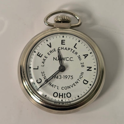 Vintage NAWCC Lake Erie Chapter 28 pocket watch in original cardboard packaging, 32nd National Convention Ohio, mint condition collectible watch.