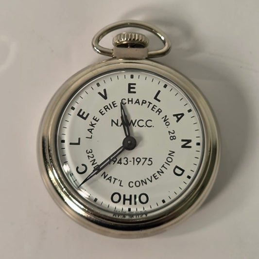 Vintage NAWCC Lake Erie Chapter 28 pocket watch in original cardboard packaging, 32nd National Convention Ohio, mint condition collectible watch.
