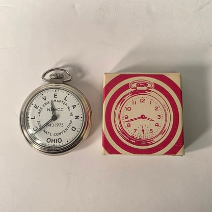 Vintage NAWCC Lake Erie Chapter 28 pocket watch in original cardboard packaging, 32nd National Convention Ohio, mint condition collectible watch.