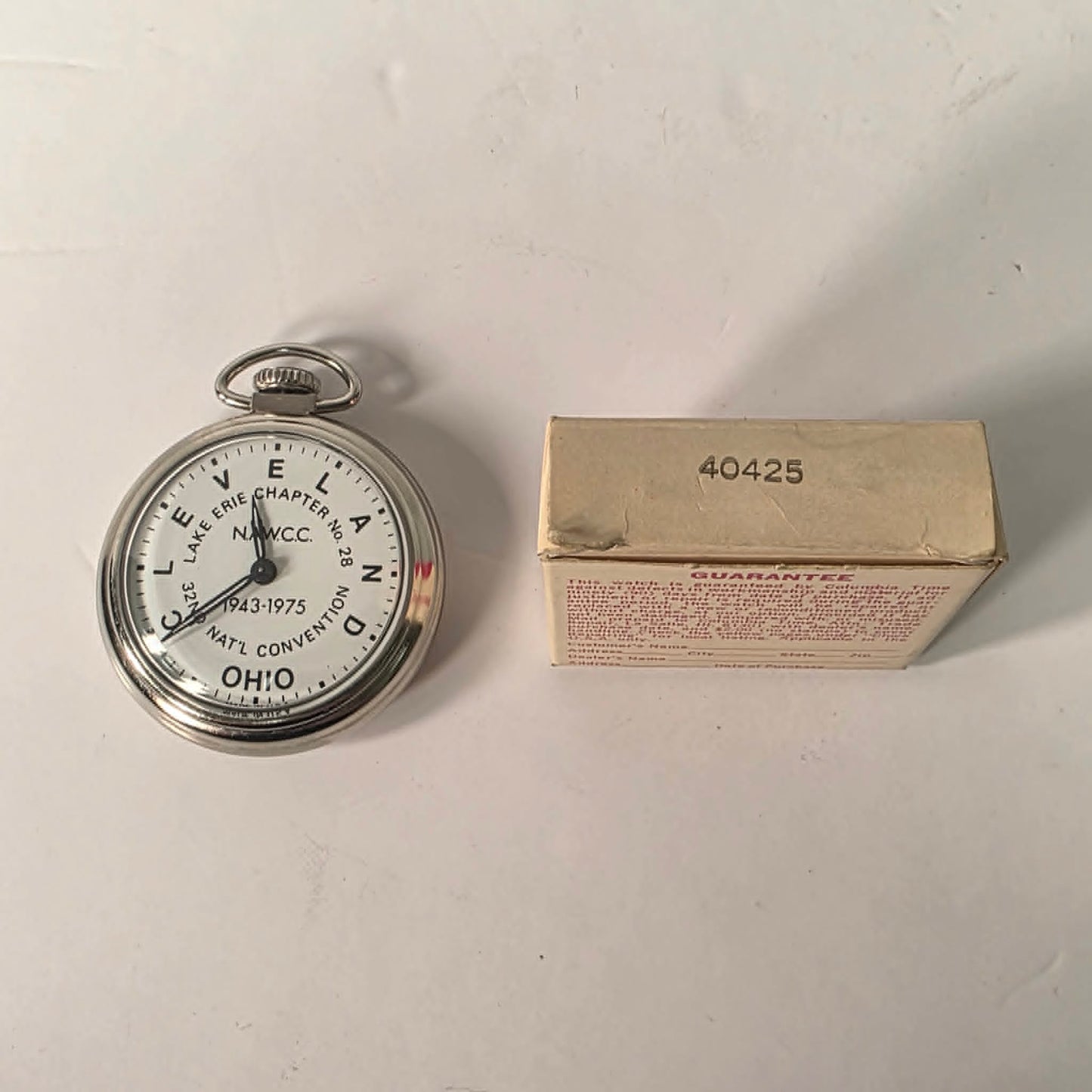 Vintage NAWCC Lake Erie Chapter 28 pocket watch in original cardboard packaging, 32nd National Convention Ohio, mint condition collectible watch.