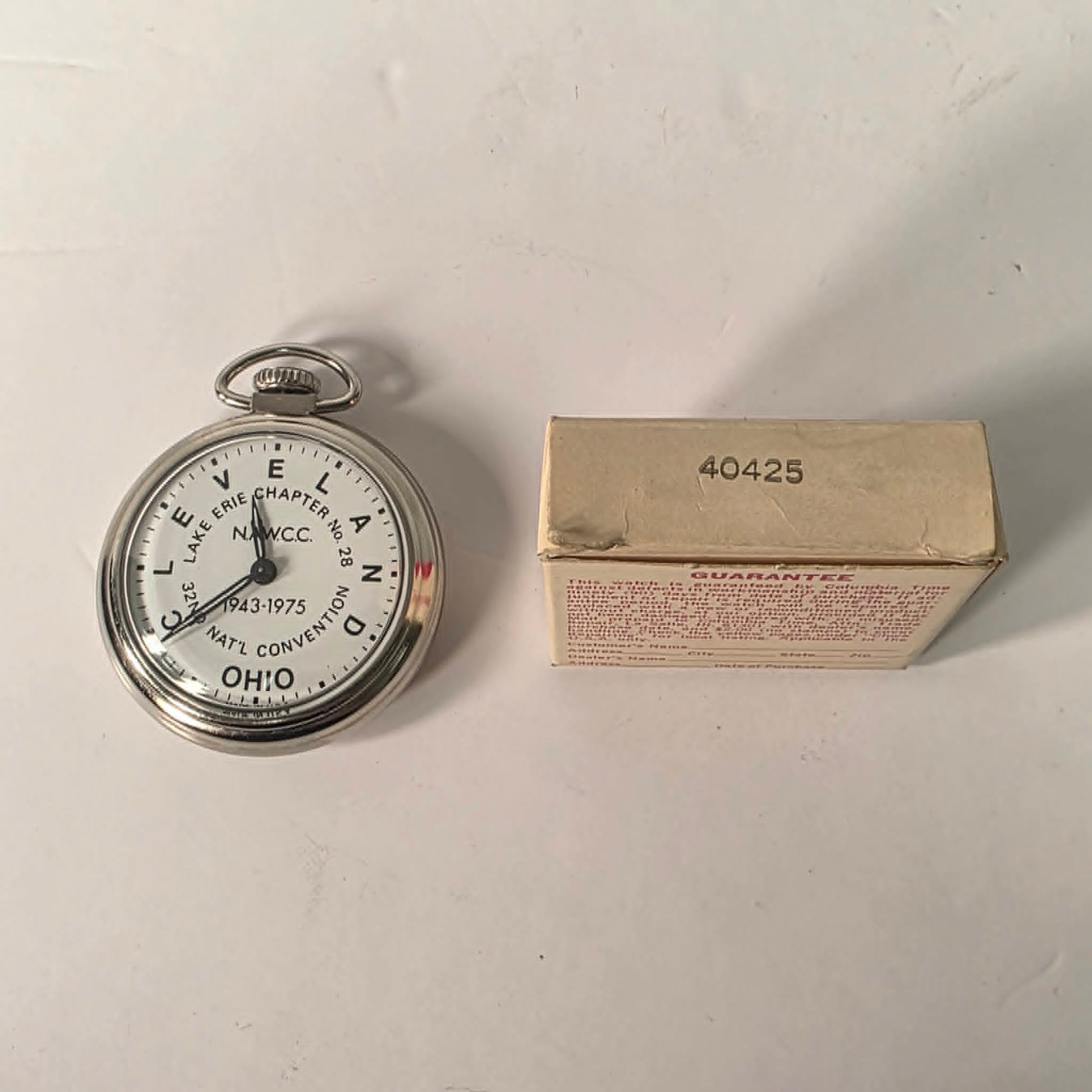 Vintage NAWCC Lake Erie Chapter 28 pocket watch in original cardboard packaging, 32nd National Convention Ohio, mint condition collectible watch.