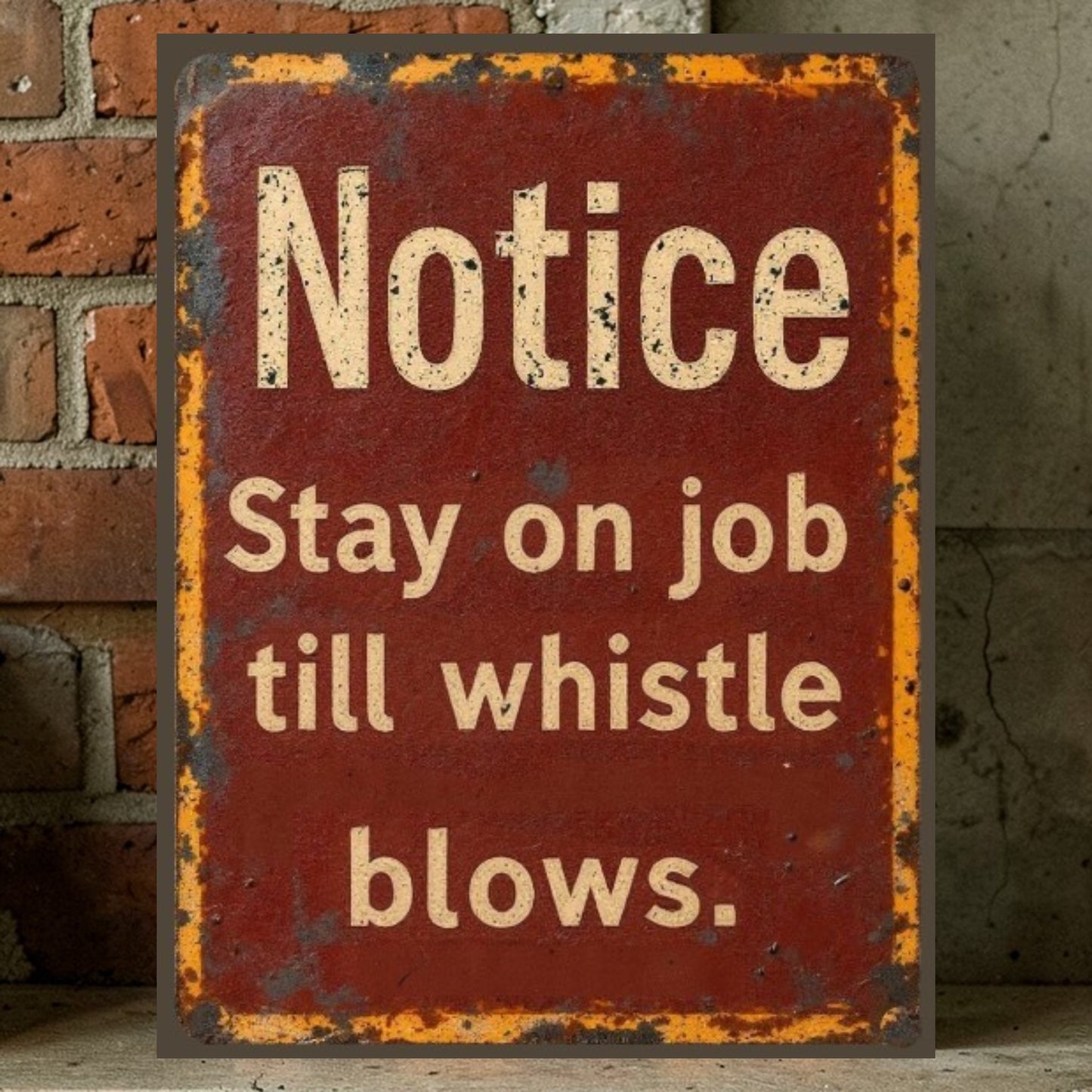 Vintage-style metal sign with text 'Notice Stay on job till whistle blows' against a brick wall background.