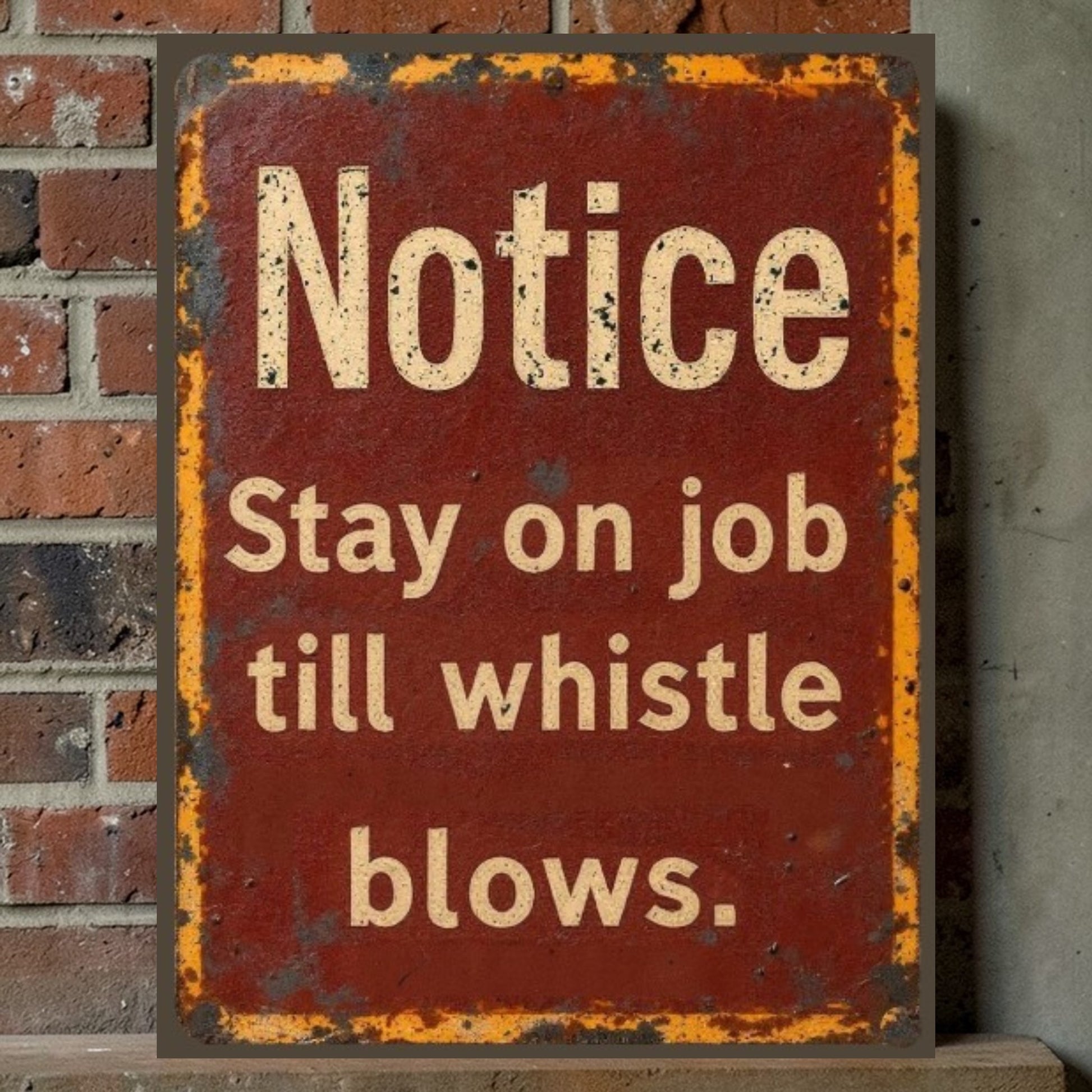 Rustic metal sign with text 'Notice Stay on job till whistle blows' against a brick wall.