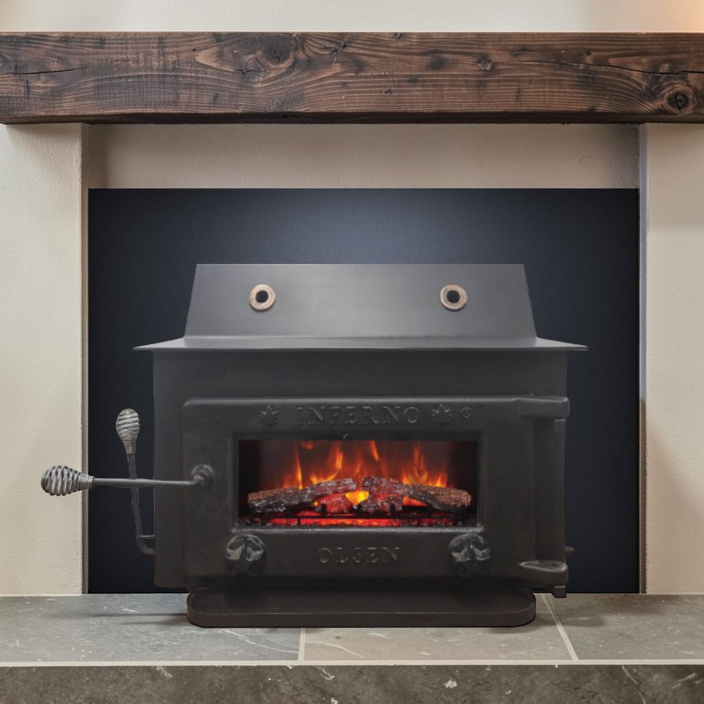 A massive Olsen Inferno Meteor wood stove insert built for serious heat, exceptional durability, and decades of dependable performance.
