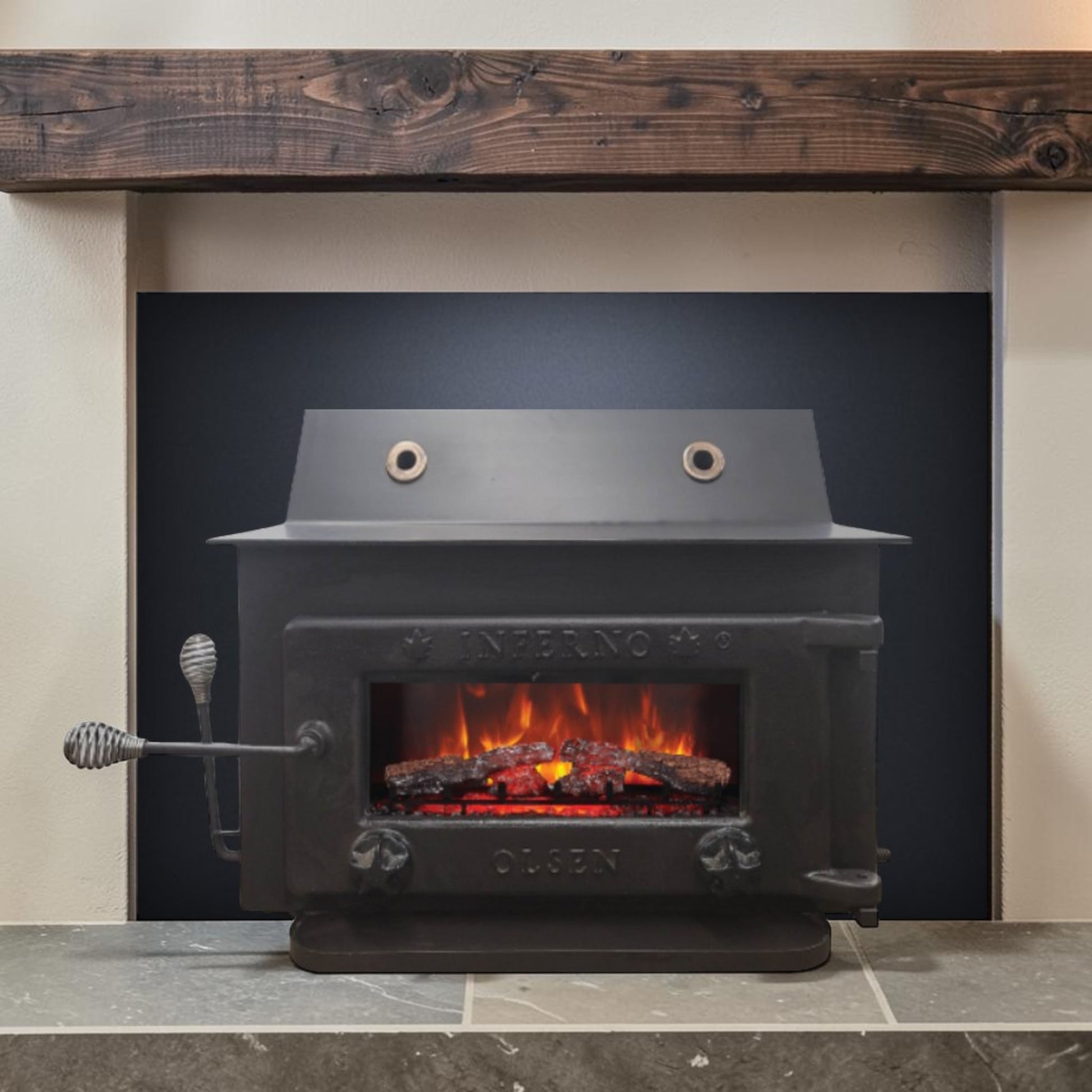 A massive Olsen Inferno Meteor wood stove insert built for serious heat, exceptional durability, and decades of dependable performance.
