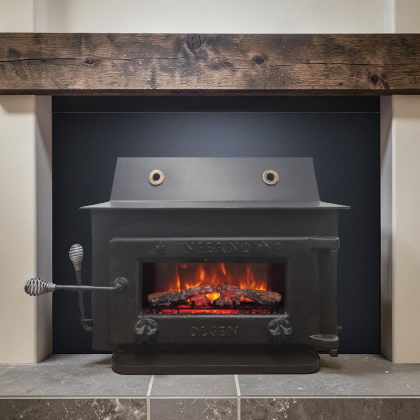 A massive Olsen Inferno Meteor wood stove insert built for serious heat, exceptional durability, and decades of dependable performance.
