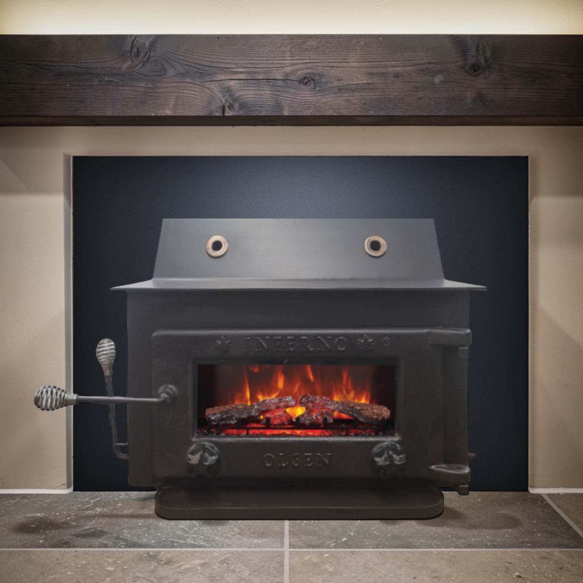A massive Olsen Inferno Meteor wood stove insert built for serious heat, exceptional durability, and decades of dependable performance.
