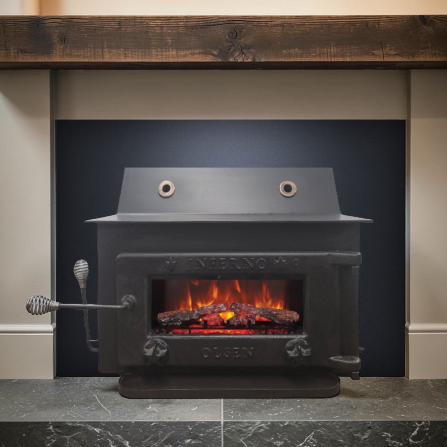 A massive Olsen Inferno Meteor wood stove insert built for serious heat, exceptional durability, and decades of dependable performance.
