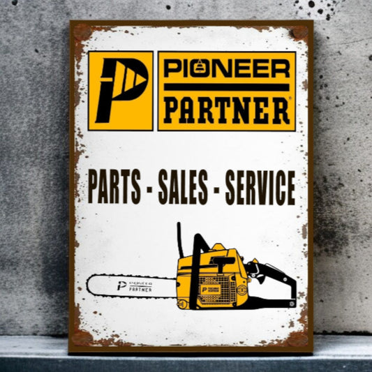 Vintage-style sign for Pioneer Partner with a chainsaw illustration on a textured background