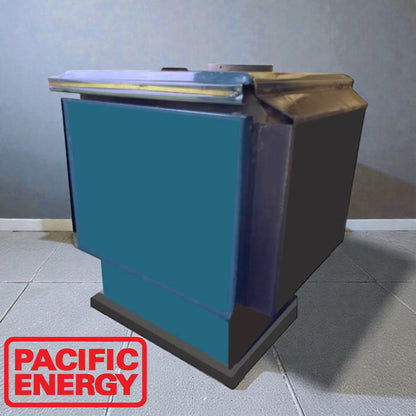 Pacific Energy on a gray floor with 'Pacific Energy' branding.