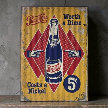 Retro Pepsi-Cola corrugated metal sign with Worth a Dime Costs a Nickel design.
